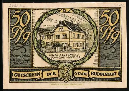 Notgeld Rudolstadt 1922, 50 Pfennig, Erste Begegnung Schillers u. Goethe - Gebäudeansicht