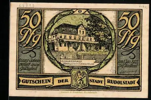 Notgeld Rudolstadt 1922, 50 Pfennig, Geburtshaus Charlotte v. Lengenfelds, Familie beim Musizieren