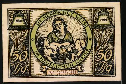 Notgeld Rudolstadt 1922, 50 Pfennig, Geburtshaus Charlotte v. Lengenfelds, Familie beim Musizieren