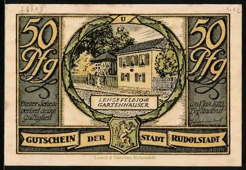 Notgeld Rudolstadt 1922, 50 Pfennig, Lengefeldsche Gartenhäuser, Mutter mit Kind