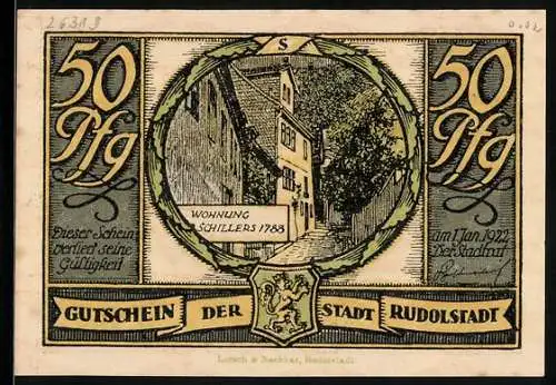 Notgeld Rudolstadt 1922, 50 Pfennig, Wohnung Schillers 1788, Mann hebt ein Grab aus