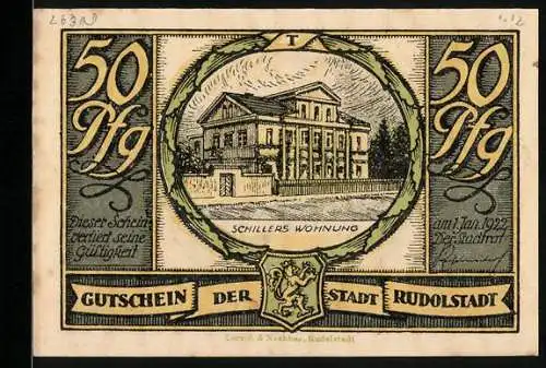 Notgeld Rudolstadt 1922, 50 Pfennig, Schillers Wohnung, singende Gemeinde in der Kirche