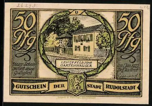 Notgeld Rudolstadt 1922, 50 Pfennig, Lengenfeldsche Gartenhäuser, Mutter mit Kind