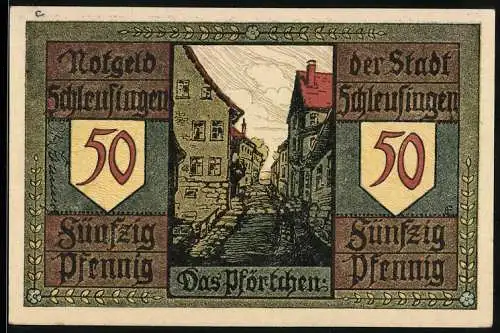 Notgeld Schleusingen, 50 Pfennig, das Pförtchen, der Graf tötet den Zauberer