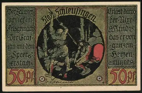 Notgeld Schleusingen, 50 Pfennig, das Pförtchen, der Graf tötet den Zauberer