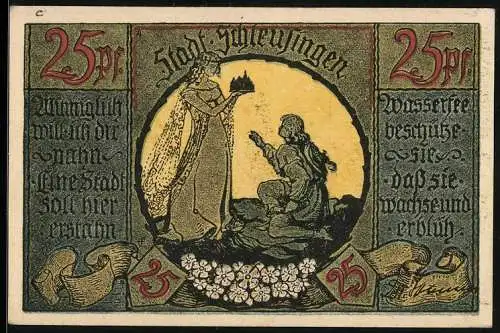 Notgeld Schleusingen, 25 Pfennig, Knappe kniet vor der Wasserfee, Schloss, Stadtsilhouette