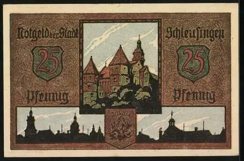 Notgeld Schleusingen, 25 Pfennig, Knappe kniet vor der Wasserfee, Schloss, Stadtsilhouette