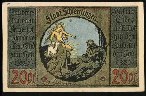 Notgeld Schleusingen, 20 Pfennig, Brunnenhäuschen, Frau mit Reh und Knappe auf dem Berg