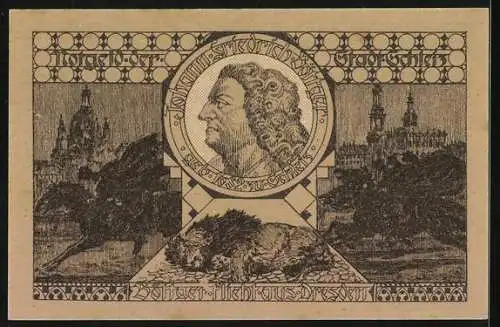 Notgeld Schleiz 1921, 50 Pfennig, Ortswappen, Portrait Johann Friedrich Böttger, Böttger-Flucht aus Dresden, Schloss