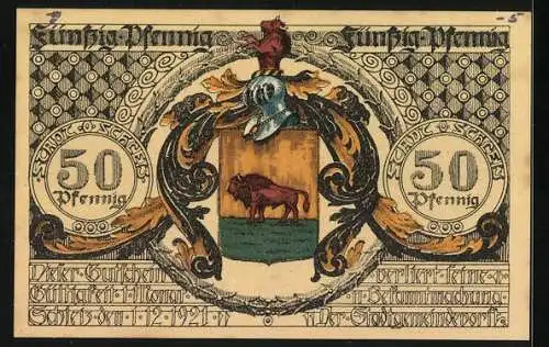 Notgeld Schleiz 1921, 50 Pfennig, Ortswappen, Portrait Johann Friedrich Böttger