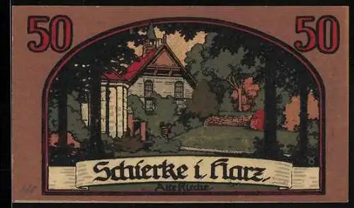 Notgeld Schierke i. Harz 1921, 50 Pfennig, Alte Kirche, Goethe's Faust 1. Teil, Portrait