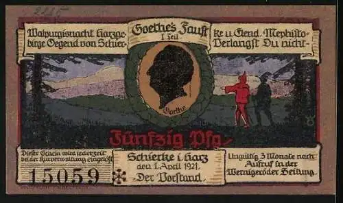 Notgeld Schierke i. Harz 1921, 50 Pfennig, Alte Kirche, Goethe's Faust 1. Teil, Portrait