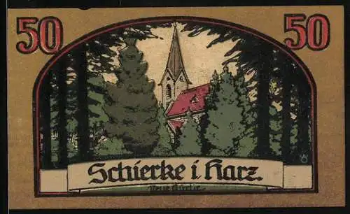 Notgeld Schierke i. Harz 1921, 50 Pfennig, Neue Kirche, Goethe's Faust 1. Teil, Portrait