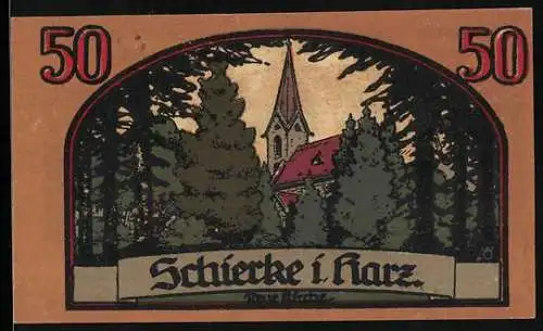 Notgeld Schierke i. Harz 1921, 50 Pfennig, Neue Kirche, Goethe's Faust 1. Teil, Portrait