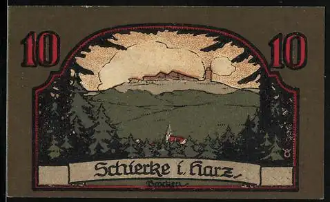 Notgeld Schierke i. Harz 1921, 10 Pfennig, Brocken, Goethe's Faust 1. Teil, Portrait