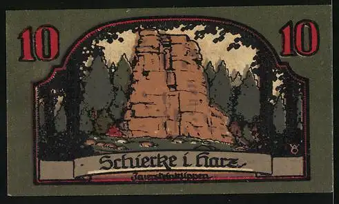 Notgeld Schierke i. Harz 1921, 10 Pfennig, Feuersteinklippen, Goethe's Faust 1. Teil, Portrait