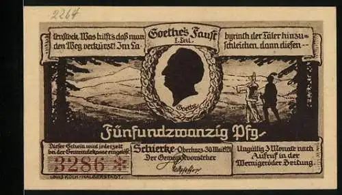 Notgeld Schierke i. Harz 1921, 25 Pfennig, Gesamtansicht, Goethe's Faust 1. Teil, Portrait