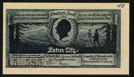 Notgeld Schierke i. Harz 1921, 10 Pfennig, Brocken, Goethe's Faust 1. Teil, Portrait