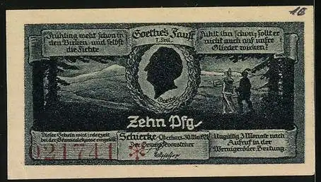 Notgeld Schierke i. Harz 1921, 10 Pfennig, Feuersteinklippen, Goethe's Faust 1. Teil, Portrait