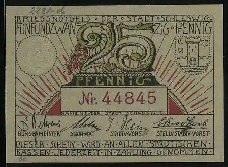 Notgeld Schleswig 1918, 25 Pfennig, Stadtpanorama, Bauer und Schmied