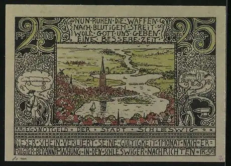 Notgeld Schleswig 1918, 25 Pfennig, Stadtpanorama, Bauer und Schmied