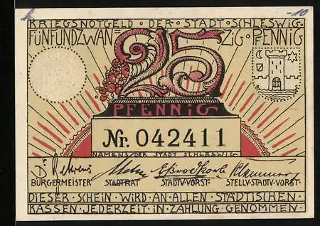 Notgeld Schleswig 1918, 25 Pfennig, Stadtpanorama, Schmied und Bauer