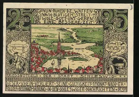 Notgeld Schleswig 1918, 25 Pfennig, Stadtpanorama, Schmied und Bauer