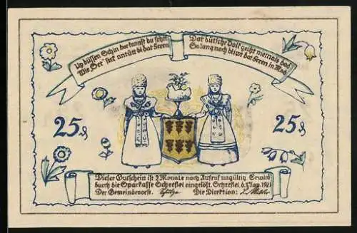 Notgeld Scheessel 1921, 25 Pfennig, zwei Frauen in Tracht mit Wappen, Ortsansicht mit Kirche