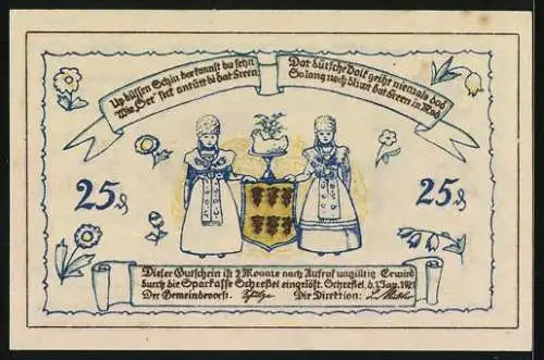 Notgeld Scheessel 1921, 25 Pfennig, zwei Frauen in Tracht mit Wappen, Ortsansicht mit Kirche