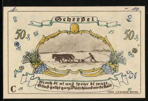 Notgeld Scheessel 1921, 50 Pfennig, Bauer mit Pferdepflug, Anwohner vor einem alten Baum