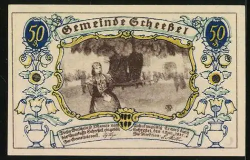 Notgeld Scheessel 1921, 50 Pfennig, Bauer mit Pferdepflug, Anwohner vor einem alten Baum