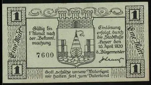 Notgeld Hoyer 1920, 1 Mark, Stadtwappen, Stadtansicht mit Windmühle, Getreidebündel, Gott schütze unsere Waterkant...