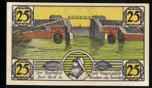 Notgeld Hoyer 1920, 25 Pfennig, Stadtwappen, Staudamm, Portrait eines Fischers
