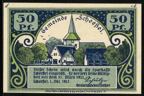 Notgeld Scheessel 1922, 50 Pfennig, Kirche und Nebengebäude, Scheesseler Braut in Tracht