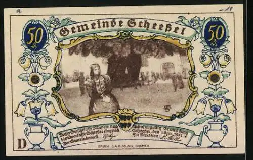 Notgeld Scheessel 1921, 50 Pfennig, Anwohner vor einem grossen Baum, Bauer mit Pferdepflug, Getreide und Blumenranken