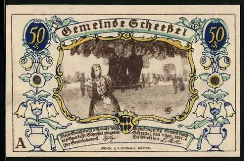 Notgeld Scheessel 1921, 50 Pfennig, Anwohner vor einem grossen Baum, Bauer mit Pferdepflug, Getreide und Blumenranken