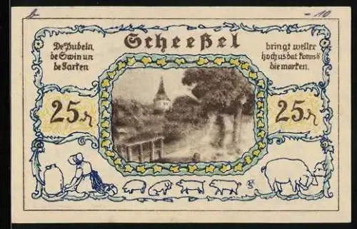 Notgeld Scheessel 1921, 25 Pfennig, Ortsansicht, Schweinebäuerin, zwei Frauen in Tracht mit Wappen