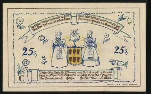 Notgeld Scheessel 1921, 25 Pfennig, Ortsansicht, Schweinebäuerin, zwei Frauen in Tracht mit Wappen