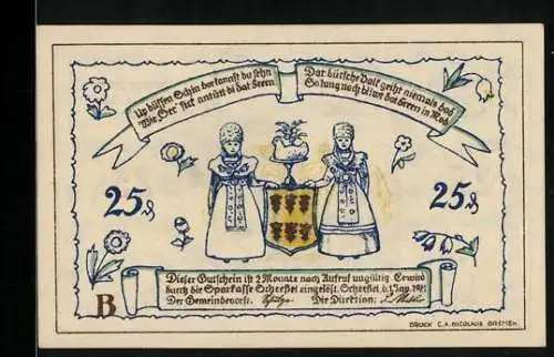 Notgeld Scheessel 1921, 25 Pfennig, Ortsansicht, Schweinebäuerin, zwei Frauen in Tracht mit Wappen