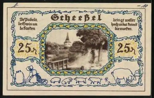 Notgeld Scheessel 1921, 25 Pfennig, Ortsansicht, Schweinebäuerin, zwei Frauen in Tracht mit Wappen