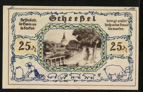 Notgeld Scheessel 1921, 25 Pfennig, Ortsansicht, Schweinebäuerin, zwei Frauen in Tracht mit Wappen