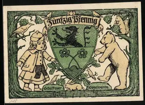 Notgeld Schalkau / Thüringen 1920, 50 Pfennig, Ruine und Kirchturm, Schalkauer Spielwaren Puppe und Bär, Eichhörnchen