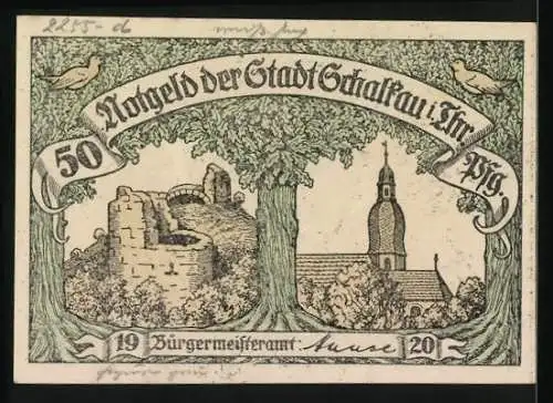 Notgeld Schalkau / Thüringen 1920, 50 Pfennig, Ruine und Kirchturm, Schalkauer Spielwaren Puppe und Bär, Eichhörnchen