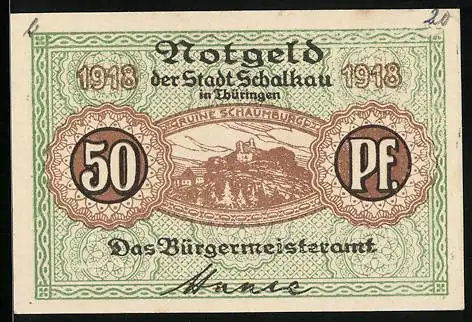 Notgeld Schalkau / Thüringen 1918, 50 Pfennig, Ruine Schaumburg, Wappen
