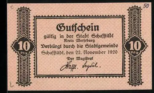 Notgeld Schafstädt / Merseburg 1920, 10 Pfennig, Wappen Magistrat der Stadt Schafstädt, Ornamente