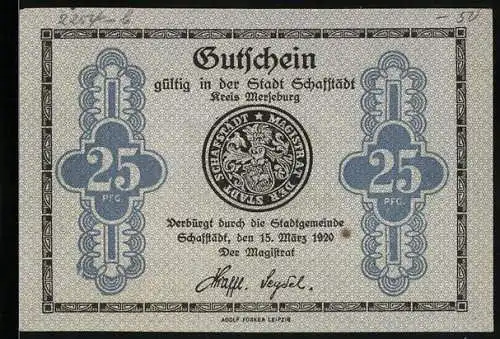 Notgeld Schafstädt / Merseburg 1920, 25 Pfennig, Wappen Magistrat der Stadt Schafstädt, Ornamente