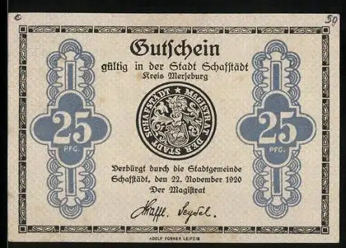 Notgeld Schafstädt / Merseburg 1920, 25 Pfennig, Wappen Magistrat der Stadt Schafstädt, Ornamente