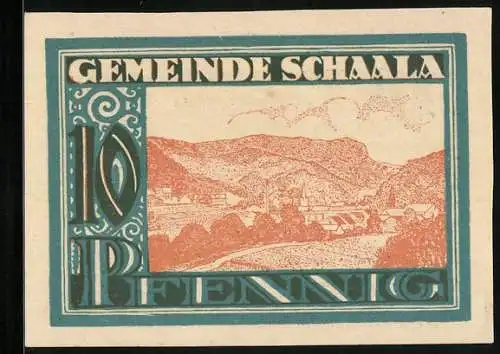 Notgeld Schaala 1921, 10 Pfennig, Bauer mit Pferdepflug, Fabrik, Obstschale, Ortspanorama