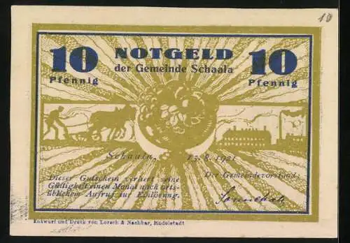 Notgeld Schaala 1921, 10 Pfennig, Bauer mit Pferdepflug, Fabrik, Obstschale, Ortspanorama