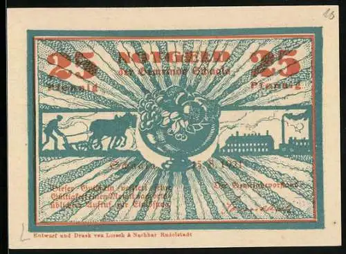 Notgeld Schaala 1921, 25 Pfennig, Bauer mit Pferdepflug, Fabrik, Obstschale, alter Baum vor einem Gebäude